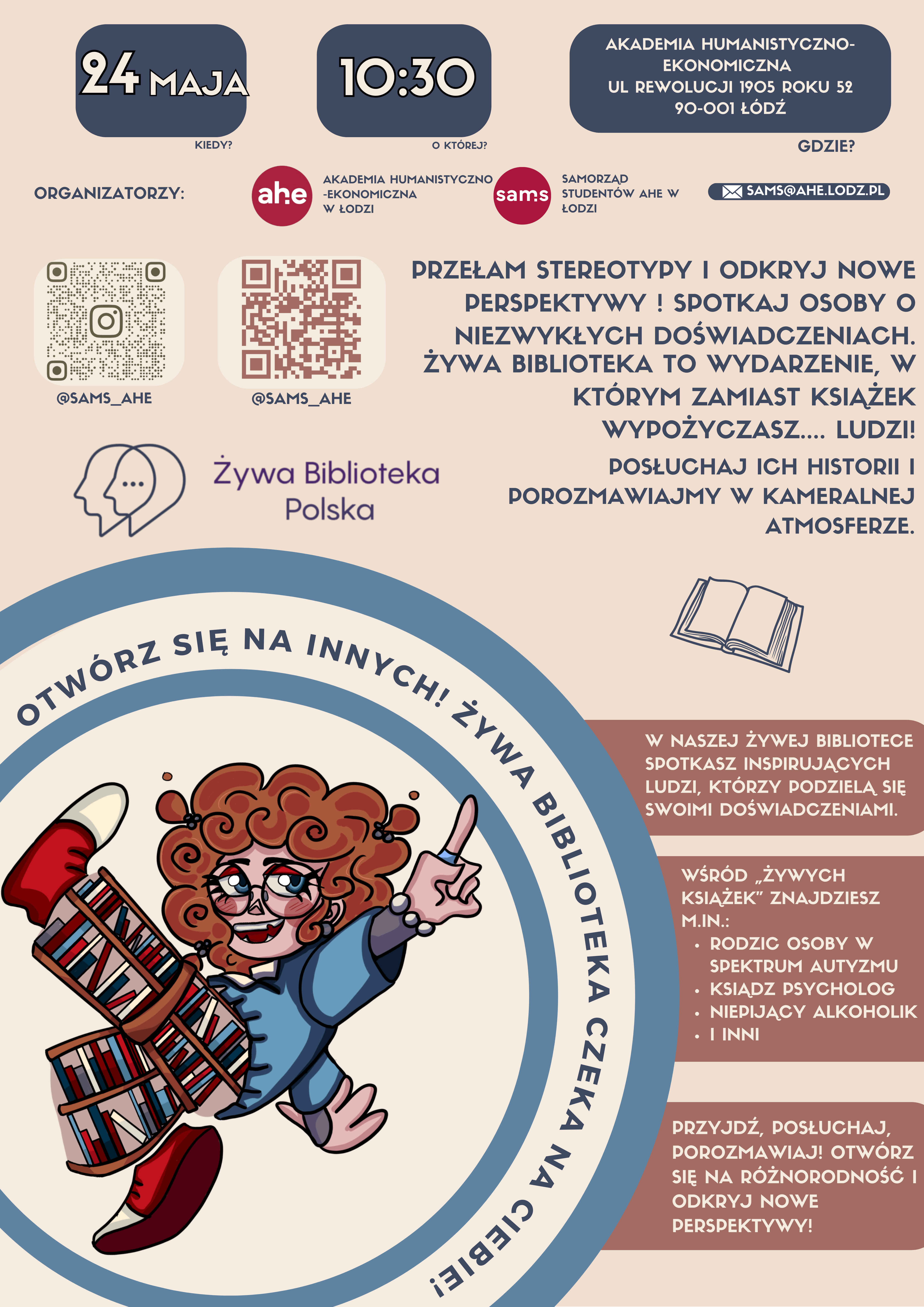 Zaproszenie na wydarzenie Żywa Biblioteka organizowane przez Samorząd Studentów AHE 24 maja o 10:30 w budynku G